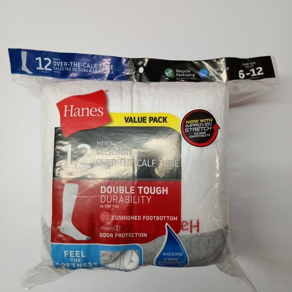 Hanes Men's Tube Socks Over The Calf Fresh IQ White 12-Pair Shoe Size 6-12 - Picture 1 of 4